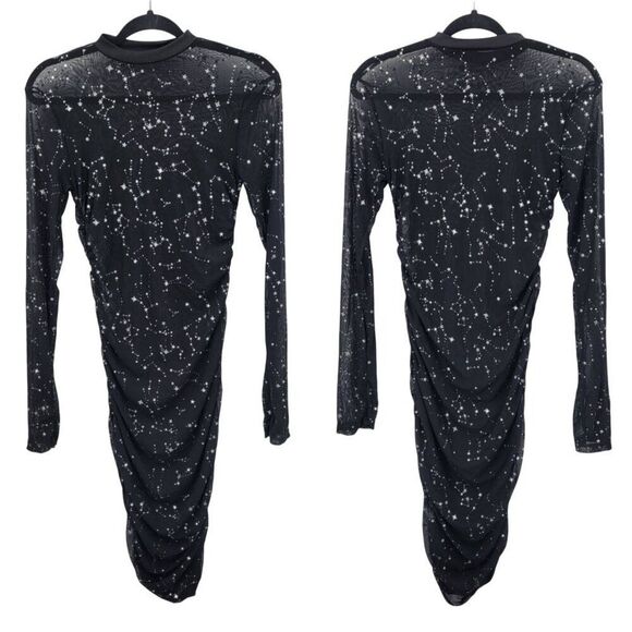 Black Mesh Long-Sleeve Bodycon Dress Sz L Star Constellation Print Witchy Gothic - Picture 1 of 13
